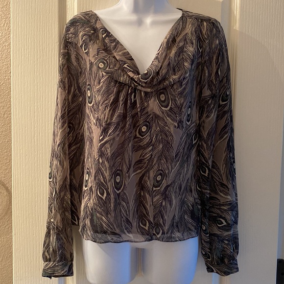 Nine West Peacock Animal Print Boatneck Cowl-neck Long Sleeve Blouse Top - Picture 2 of 9
